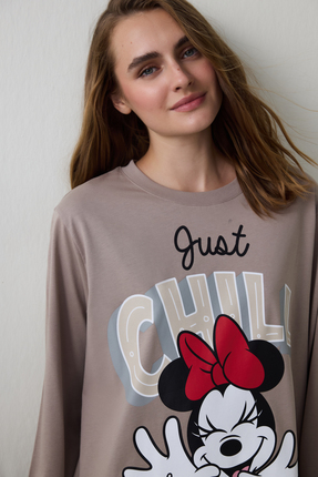Koyu Bej Just Chill Mickey Mouse Baskılı Pamuklu Uzun Kollu Gecelik Image 1