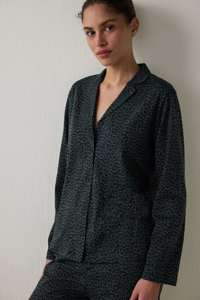 Siyah Dark Leopard Pamuklu Gömlek Pantolon Pijama Takımı Image 1