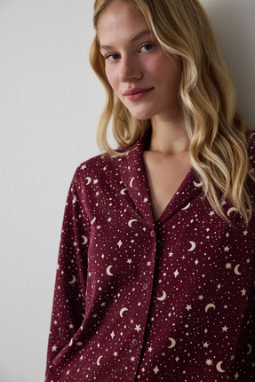 Bordo Starry Night Gömlek Pantolon Pijama Takımı Image 2