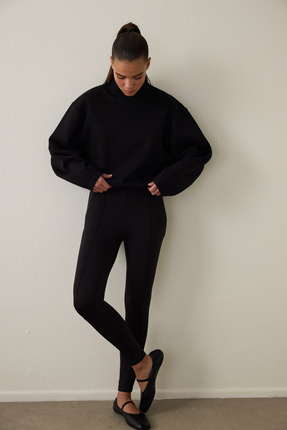 Siyah Gizli Cep Görünümlü Yüksek Bel Tayt Image 4