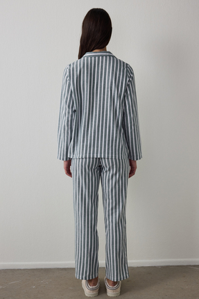 Koyu Yeşil Lazy Morning Çizgili Pamuklu Gömlek Yaka Pijama Takımı Image 3