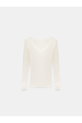 32311 Dantelli Kaşmir Bluz-Ekru Image 4