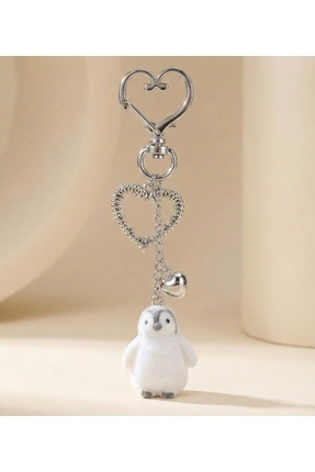 Gümüş Renk Kalp Detaylı Sevimli Peluş Penguen Anahtarlık - Fluffy Çanta Süsü ve Hediyelik Image 0