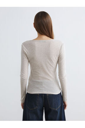 Bej Bisiklet Yaka Dantel Detaylı Kadın Body Image 5