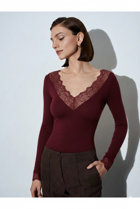 Dantelli Kaşmir Bluz Bordo Image 0