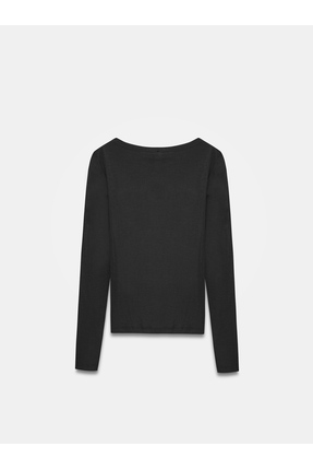 32482 %100 Yün Kayık Yaka Top-Siyah Image 5