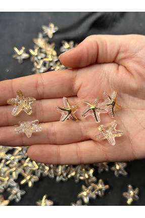 25 Adet Deniz Yıldızı Boncuk 19 mm | Şeffaf Altın Yaldızlı | Plastik Image 3