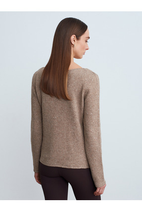 10836 Yün Karışımlı Parıltılı Kayık Yaka Kazak-Açık Vizon Image 1