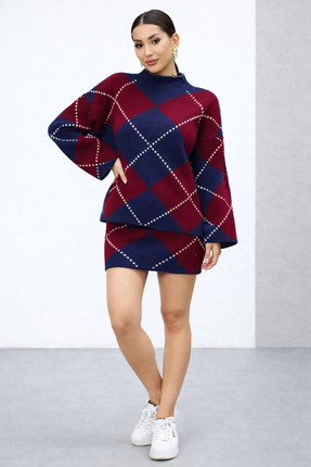 KADIN BAKLAVA DESENLİ MİNİ ETEKLİ TAKIM Image 1