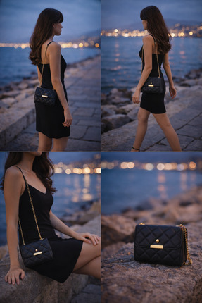 Siyah Kapitone Kadın Omuz Çantası – Zincir Askılı Şallı Mini El ve Çapraz Çanta Image 2