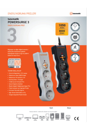 Kablolu 3’lü Enerji Koruma Powersurge Beyaz Joule Image 2