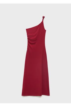 Büzgülü askılı asimetrik elbise Image 2