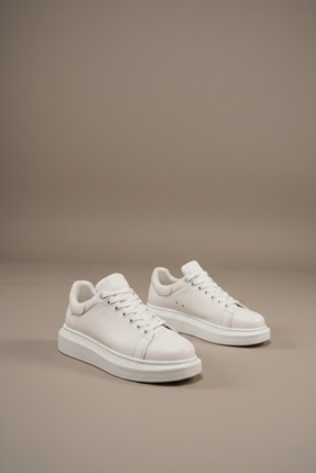 Beyaz Vegan Deri Bağcıklı Yüksek Tabanlı Erkek Sneaker Image 2