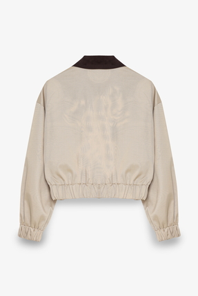 Kontrast Yaka Fermuarlı Bomber Ceket Bej Image 2