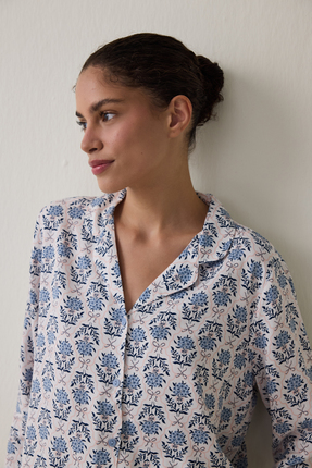 Açık Mavi Blue Flowers Uzun Kollu Gömlek Pijama Takımı Image 2