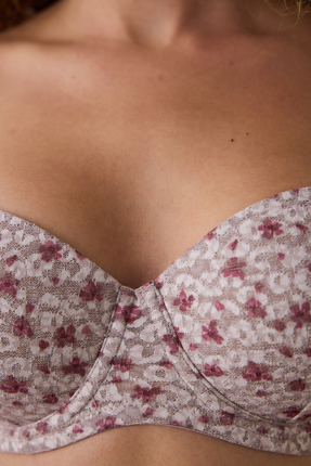 Bej Pop Up Çiçek Desenli Balenli Toparlayıcı Dantelli Sütyen Image 4