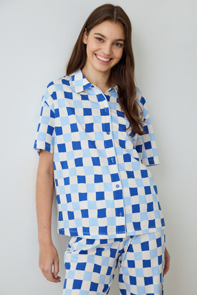 Ekoseli Rhea Gingham Gömlek Yaka Pamuklu Kısa Kollu Pijama Takımı Image 1