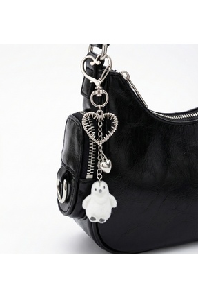 Gümüş Renk Kalp Detaylı Sevimli Peluş Penguen Anahtarlık - Fluffy Çanta Süsü ve Hediyelik Image 1