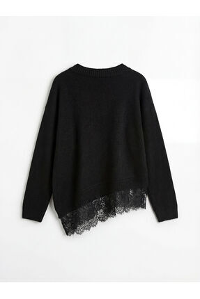 Siyah V Yaka Dantel Detaylı Kadın Triko Kazak Image 1