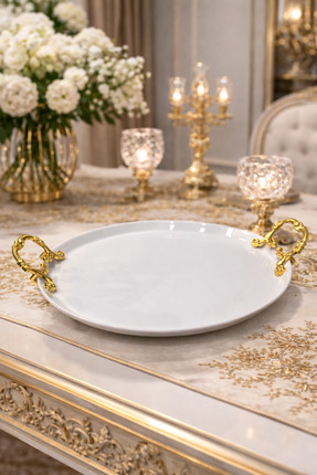Porselen Sunumluk Metal kulplu Porselen Tepsi Sunum Tabağı 27 cm Image 0