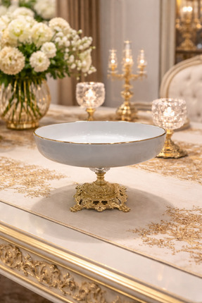 Porselen Sunumluk Altın Yaldızlı Metal Ayaklı Meyvelik Salata Kasesi Sunum Tabağı 24 cm Image 0