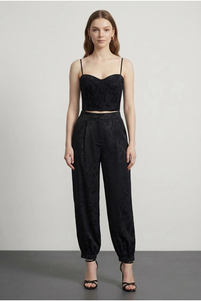Jakarlı Ballon Fit Pantolon Siyah Image 0