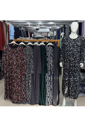 Kadın Menekşe Battal Beden Kışlık Elbise Siyah-Yeşil Desen Image 1