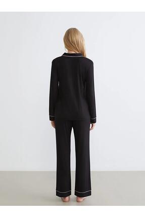 Siyah Gömlek Yaka Kadın Pijama Takımı (S6) Image 3