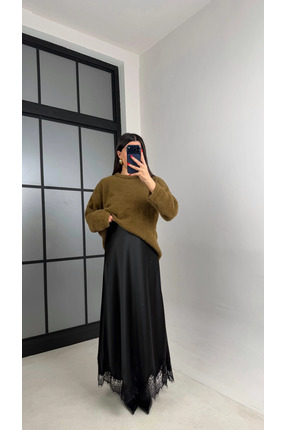 Kadın Şık parlak Saten Kemeri Lastikli 95cm Kloş Maxi Boy Etek Dantelli Image 0