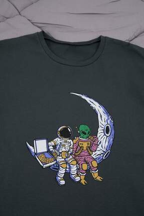 Antrasit Regular Pamuklu Kısa Kol Üst Astranot Baskılı Alt Çizgili Pijama Takımı TMNSS26PT00013 Image 1