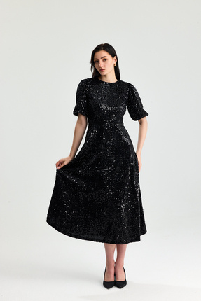 Siyah Midi Boy Pul Payet Elbise Image 1