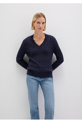 İpek Karışımlı V Yaka Lacivert Kazak Slim Fit / Dar Kesim 1710720-89101 Image 2