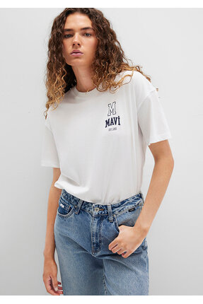 Logo Nakışlı Beyaz Tişört Loose Fit / Bol Rahat Kesim 1613467-70057 Image 3