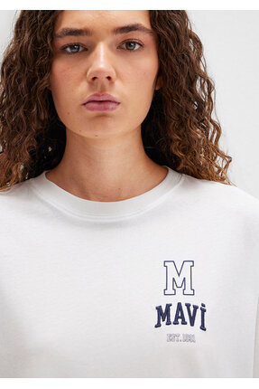 Logo Nakışlı Beyaz Tişört Loose Fit / Bol Rahat Kesim 1613467-70057 Image 6