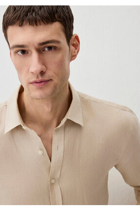 Bej Keten Gömlek Slim Fit / Dar Kesim 0211466-70004 Image 4