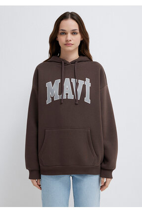 Logo Baskılı Kapüşonlu Kahverengi Sweatshirt 1600361-70222 Image 2