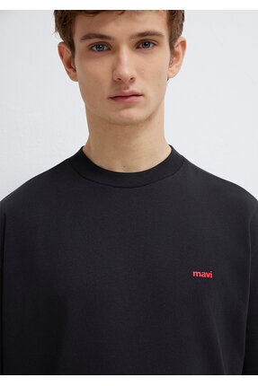 Logo Baskılı Siyah Basic Tişört Loose Fit / Bol Rahat Kesim 0612216-900 Image 5