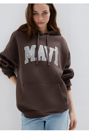 Logo Baskılı Kapüşonlu Kahverengi Sweatshirt 1600361-70222 Image 1