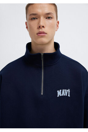 Logo Baskılı Yarı Fermuarlı Lacivert Sweatshirt 0S10208-70497 Image 5