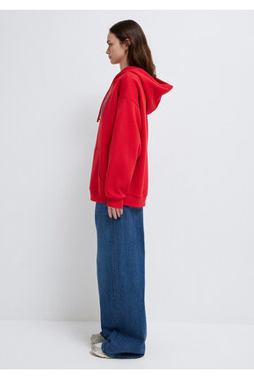 Logo Baskılı Kırmızı Kapüşonlu Sweatshirt Oversize/Geniş Kesim 1600361-82054 Image 3