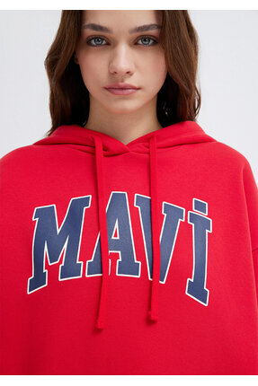 Logo Baskılı Kırmızı Kapüşonlu Sweatshirt Oversize/Geniş Kesim 1600361-82054 Image 5