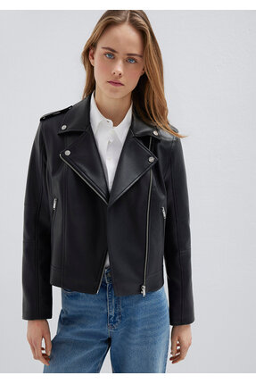 Biker Yaka Siya Suni Deri Ceket Slim Fit / Dar Kesim 1110221-900 Image 2