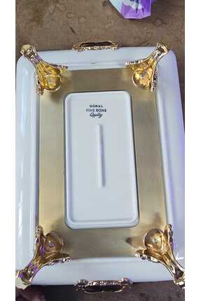 8 Parca Ayaklı Kulplu Porselen Sunum Seti Altın Image 3