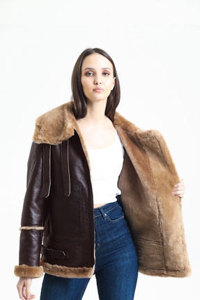 Kadın Kahverengi Vintage Deri Mont, Kahverengi Kürklü, Balıkçı Yaka, Oversize - 105222 Image 4