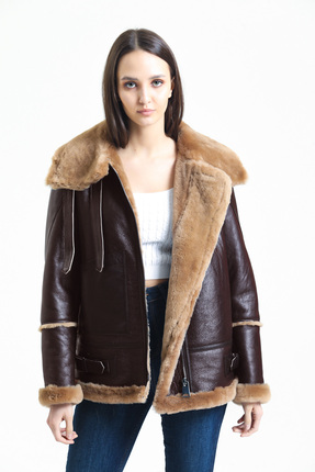 Kadın Kahverengi Vintage Deri Mont, Kahverengi Kürklü, Balıkçı Yaka, Oversize - 105222 Image 3