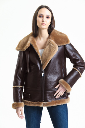 Kadın Kahverengi Vintage Deri Mont, Kahverengi Kürklü, Balıkçı Yaka, Oversize - 105222 Image 6