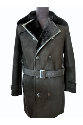 SİYAH HAKİKİ SÜET KOYUN KÜRKÜ ERKEK TRENÇKOT  - BURB Image 1