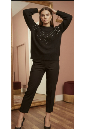 Siyah bisiklet yaka inci taş detaylı yumuşak dokulu kadın triko kazak Image 3