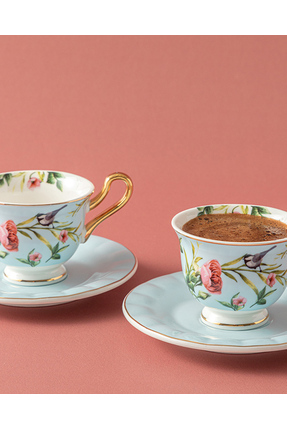 Vanilla New Bone China 4 Parça 2 Kişilik Kahve Fincan Takımı Açık Mavi Image 0