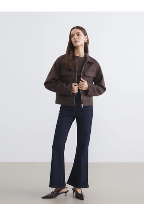 Kahverengi Gömlek Yaka Kadın Kaşe Ceket Image 3